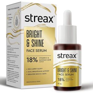 Streax Vitamin C Face Serum, 30 ml | 18% Vitamin C | Dark Spots Reduction | Brighter Skin in 3 Days | Serum for Glowing Skin | Brightening serum | Bright & Shine Face Serum